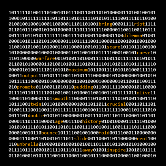 Bitcoin ordinal collection. An inscription as a bunch of digits shaped as square with BIP39 words randomly showed among them